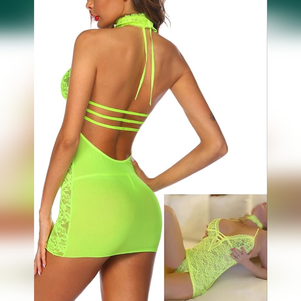 Neon Babydoll Lingerie Lace Chemise Halter Nightwear Teddy Dress Size S NWT - Picture 7 of 9